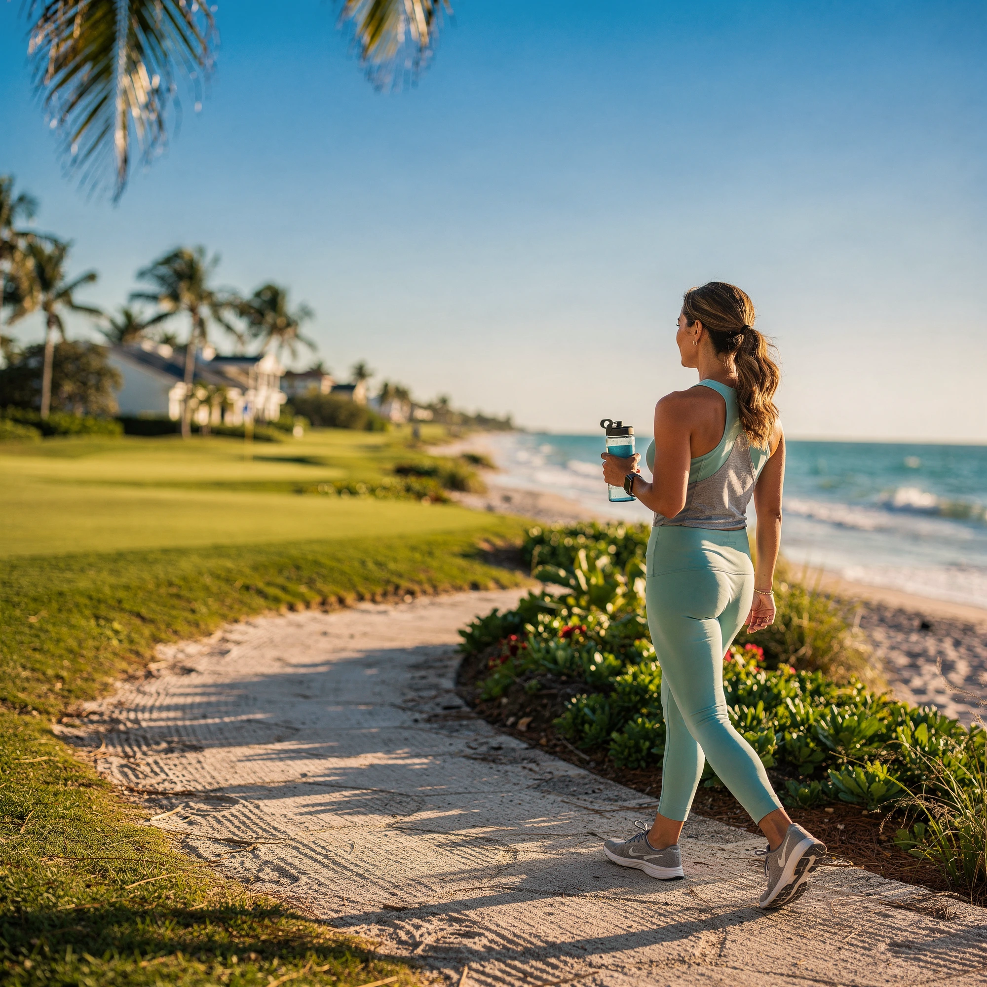Active woman with a water bottle outdoors in Southwest Florida - gynecologist care process for Marco Island, FL patients